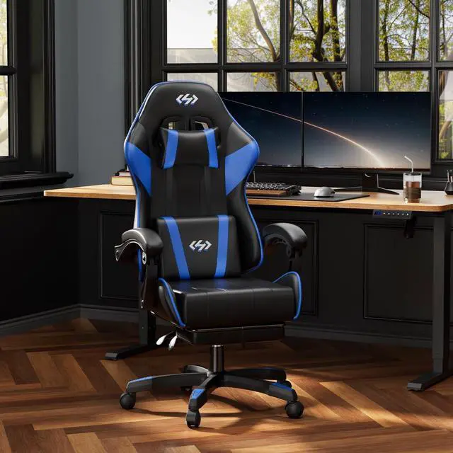 Alt view image 2 of 6 - Gaming Chair, Ergonomic Computer Office Chair with Lumbar Support Footrest Headrest, Adjustable Height & Backrest Angle Video Gamer Chair, PU Leather, 360° Swivel, Adult (Black&Blue)