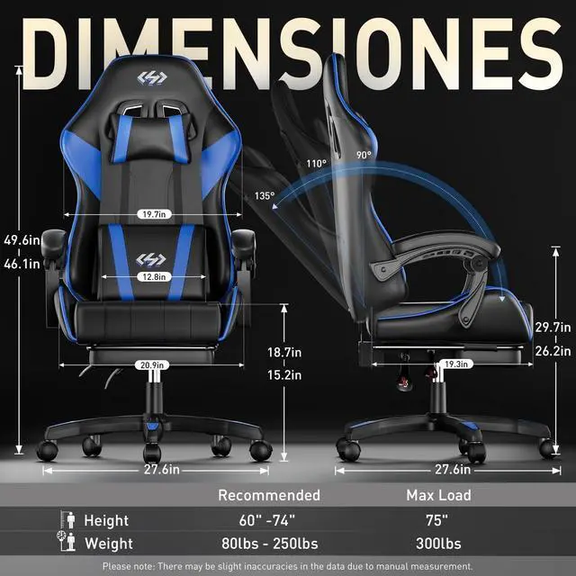 Alt view image 3 of 6 - Gaming Chair, Ergonomic Computer Office Chair with Lumbar Support Footrest Headrest, Adjustable Height & Backrest Angle Video Gamer Chair, PU Leather, 360° Swivel, Adult (Black&Blue)