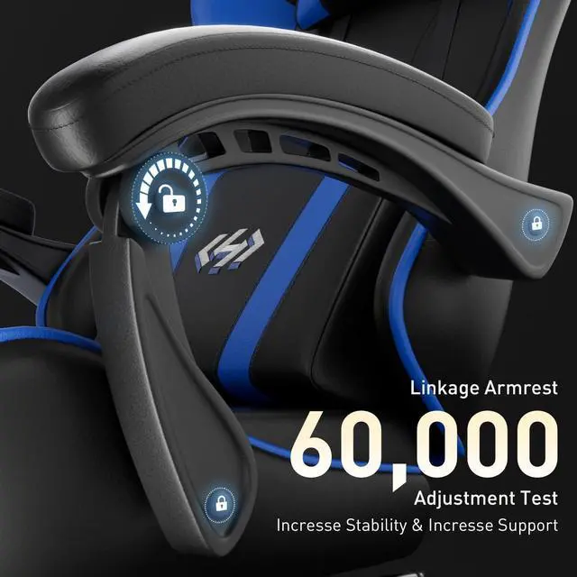 Alt view image 4 of 6 - Gaming Chair, Ergonomic Computer Office Chair with Lumbar Support Footrest Headrest, Adjustable Height & Backrest Angle Video Gamer Chair, PU Leather, 360° Swivel, Adult (Black&Blue)