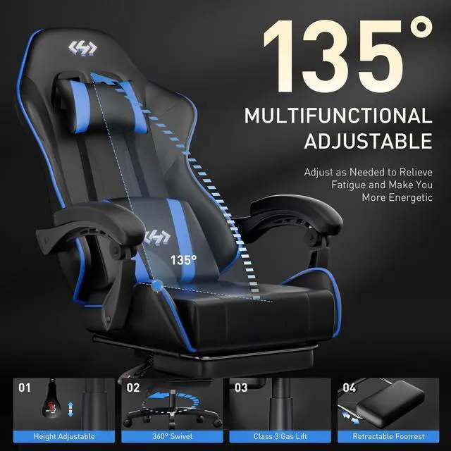 Alt view image 5 of 6 - Gaming Chair, Ergonomic Computer Office Chair with Lumbar Support Footrest Headrest, Adjustable Height & Backrest Angle Video Gamer Chair, PU Leather, 360° Swivel, Adult (Black&Blue)