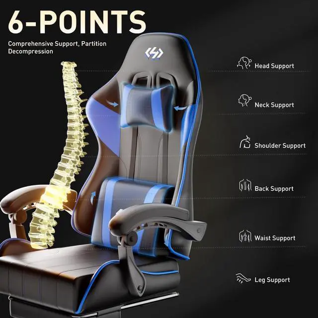Alt view image 6 of 6 - Gaming Chair, Ergonomic Computer Office Chair with Lumbar Support Footrest Headrest, Adjustable Height & Backrest Angle Video Gamer Chair, PU Leather, 360° Swivel, Adult (Black&Blue)
