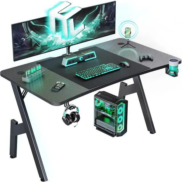 Main image of 55 Inch Gaming Desk, Large Computer Desk Gaming Table with Cable Management, Ergonomic Carbon Fiber Gamer Table Pc Work Home Office Desks with Cup Holder & Headphone Hook & Mouse Pad, Black