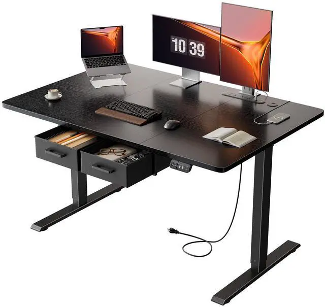 Main image of Electric Standing Desk, 47 x 31.5 Inches Height Adjustable Table with Outlets, Sit Stand Computer Desk with Drawers for Home Office, Ergonomic Rising Workstation, Black