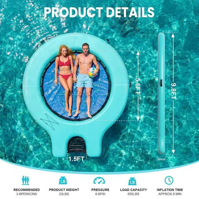 Alt view image 2 of 7 - 8' Inflatable Water Hammock Lake Floats with Detachable Ladder&Rope,Large Lake Float Platform with Air Pump&Carry Bag for Pool Parties, Tanning and Summer Fun