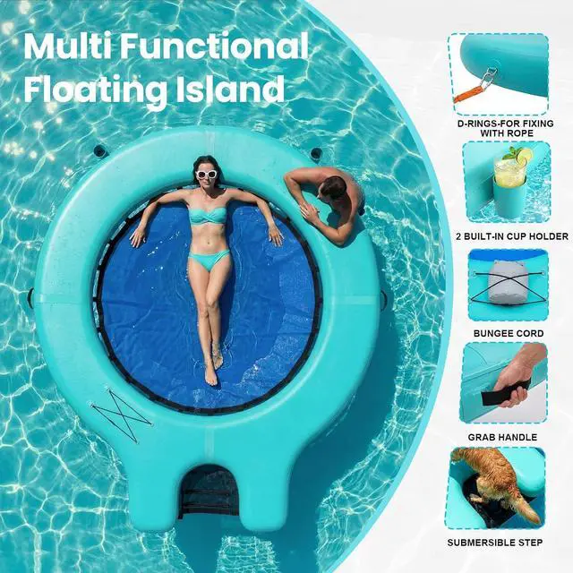 Alt view image 3 of 7 - 8' Inflatable Water Hammock Lake Floats with Detachable Ladder&Rope,Large Lake Float Platform with Air Pump&Carry Bag for Pool Parties, Tanning and Summer Fun