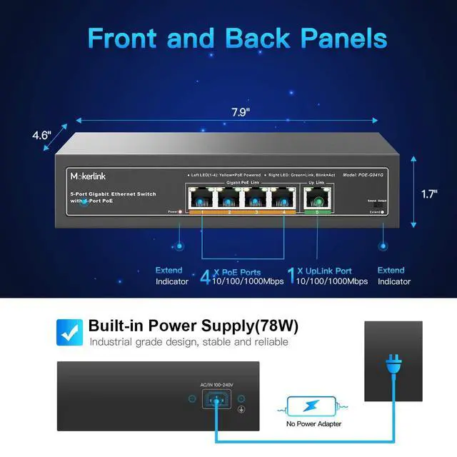 Alt view image 6 of 7 - Gigabit POE Switch, 5 Port and 8 Port PoE Switch, IEEE802.3af/at, Unmanaged Plug and Play, Sturdy Metal Fanless