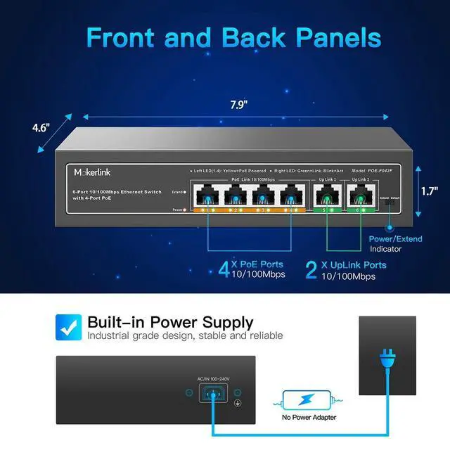 Alt view image 7 of 7 - PoE Switch, 6 Port PoE Switch, and 5 Port Gigabit PoE Switch, 78W High Power, Support IEEE802.3af/at, Fanless Metal Plug & Play