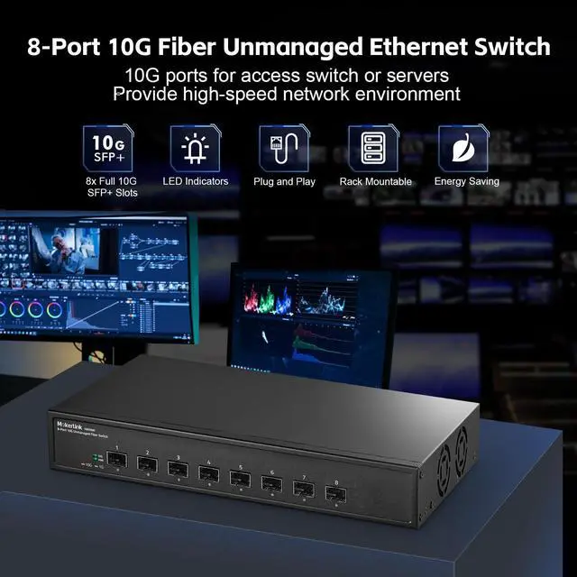 Alt view image 2 of 7 - 8 Port 10G SFP+ Unmanaged Fiber Switch, 1G/10G SFP Slot, 160Gbps Bandwidth Desktop|Rackmount Network Switch