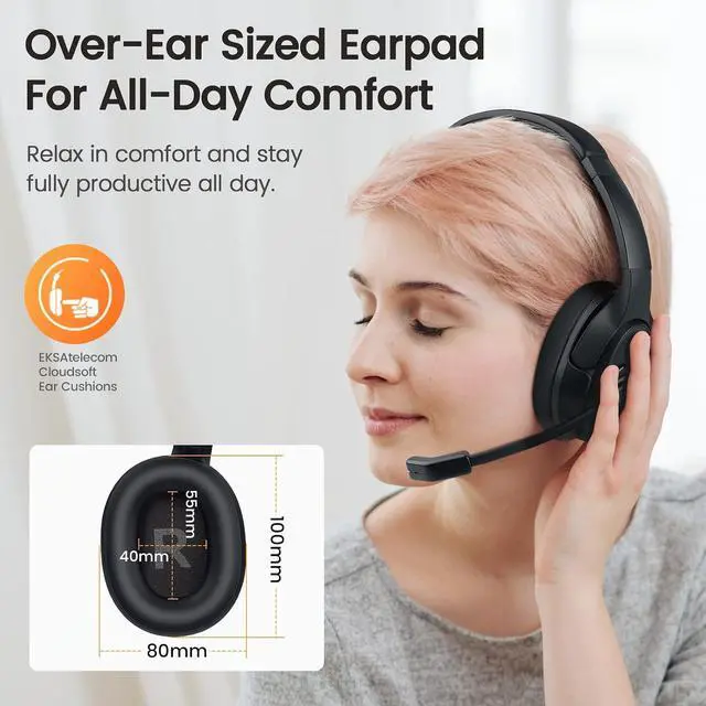 Alt view image 4 of 7 - Wireless Headset with Mic for Work, Bluetooth 5.0 Headset with AI-Powered Noise Cancelling Microphone - Bluetooth Wireless Headphones with Mic for Work/PC/Laptop/Computer/Office/Zoom