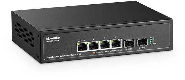 Main image of 4 Port 2.5G PoE Switch with 2 Port 10G SFP+ Slot, 4 x 2.5G Base-T Ports Compatible with 10/100/1000Mbps, IEEE8023af/at PoE 78W, Metal Unmanaged Fanless Small Network Switch