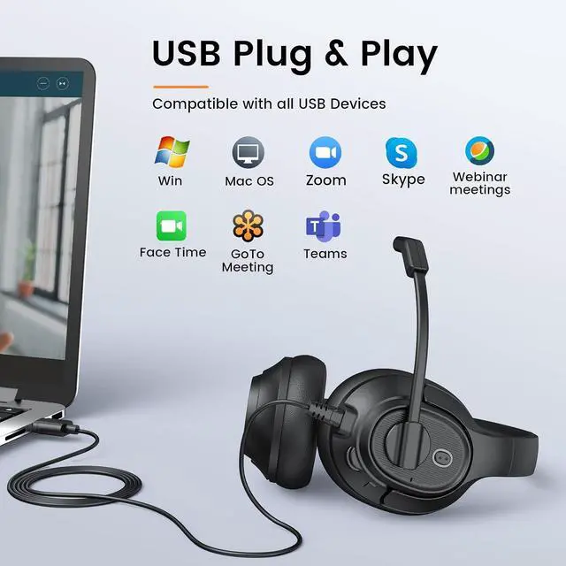 Alt view image 7 of 7 - Headset with Microphone for Laptop, Wired Computer Headset with Volume & Mic Mute Controls, Lightweight PC Headphones for Office Call Center Skype (Over Ear USB Headset with AI ENC)
