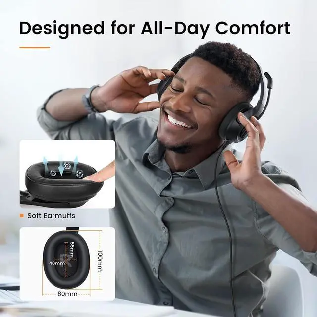 Alt view image 3 of 7 - Headset with Microphone for Laptop, Wired Computer Headset with Volume & Mic Mute Controls, Lightweight PC Headphones for Office Call Center Skype (Over Ear USB Headset with AI ENC)