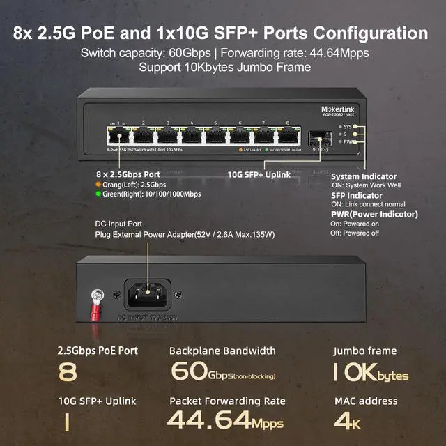 Alt view image 4 of 7 - 8 Port 2.5G PoE Switch with 10G SFP+ Slot, 8 x 2.5G Base-T Ports Compatible with 10/100/1000Mbps, IEEE8023af/at PoE 135W, Metal Unmanaged Fanless Small Network Switch