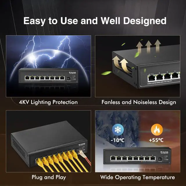 Alt view image 6 of 7 - 8 Port 2.5G PoE Switch with 10G SFP+ Slot, 8 x 2.5G Base-T Ports Compatible with 10/100/1000Mbps, IEEE8023af/at PoE 135W, Metal Unmanaged Fanless Small Network Switch