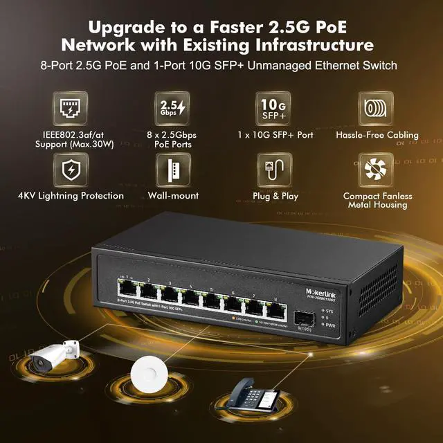 Alt view image 2 of 7 - 8 Port 2.5G PoE Switch with 10G SFP+ Slot, 8 x 2.5G Base-T Ports Compatible with 10/100/1000Mbps, IEEE8023af/at PoE 135W, Metal Unmanaged Fanless Small Network Switch