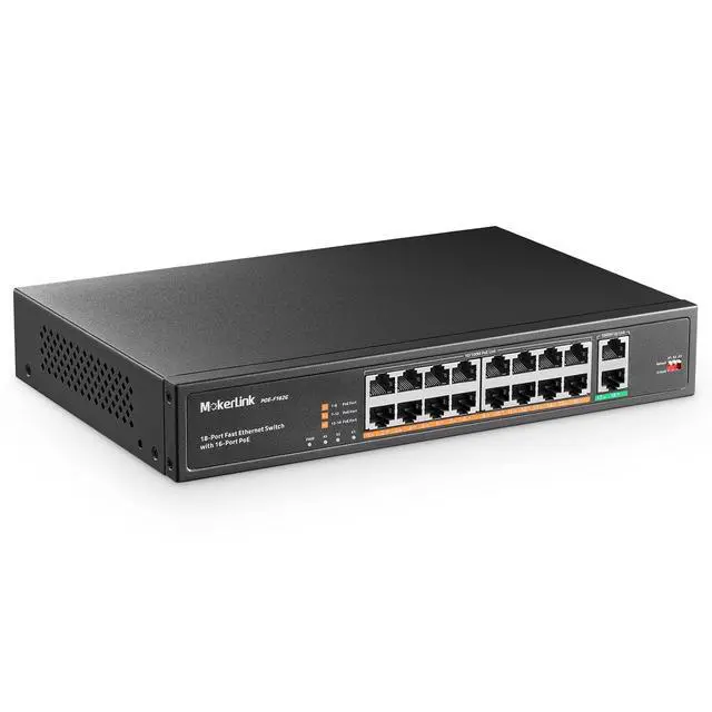 Main image of 16 Port PoE Switch with 2 Gigabit Uplink Ethernet Port, 250W High Power, Support IEEE802.3af/at, Rackmount Unmanaged Plug and Play