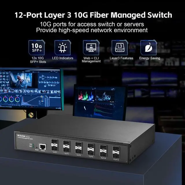 Alt view image 2 of 7 - 12 Port 10G SFP+ Managed Fiber Switch, 1G/10G SFP Slot, L3 Web/CLI Managed, 240Gbps Bandwidth Desktop|Rackmount Network Switch