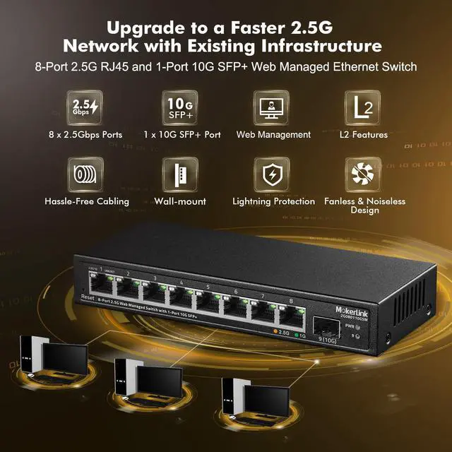Alt view image 2 of 7 - 8 Port 2.5 Gigabit Managed Switch with 10G SFP+ Slot, 8 x 2.5G Base-T Ports Compatible with 10/100/1000Mbps, Mini Size Metal Managed Fanless Network Switch