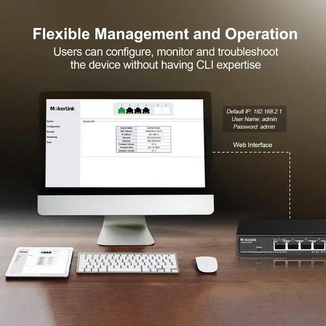 Alt view image 7 of 7 - 4 Port 2.5G Managed Switch with 2 Port 10G SFP+ Slot, 4 x 2.5Gigabit Base-T Ports Compatible with 10/100/1000Mbps, Mini Size Metal Web Managed Fanless Network Switch