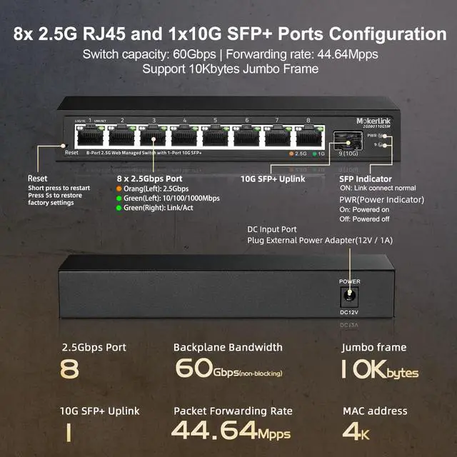 Alt view image 4 of 7 - 8 Port 2.5 Gigabit Managed Switch with 10G SFP+ Slot, 8 x 2.5G Base-T Ports Compatible with 10/100/1000Mbps, Mini Size Metal Managed Fanless Network Switch
