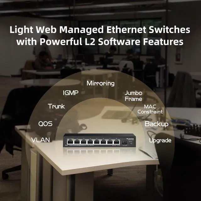 Alt view image 6 of 7 - 8 Port 2.5 Gigabit Managed Switch with 10G SFP+ Slot, 8 x 2.5G Base-T Ports Compatible with 10/100/1000Mbps, Mini Size Metal Managed Fanless Network Switch