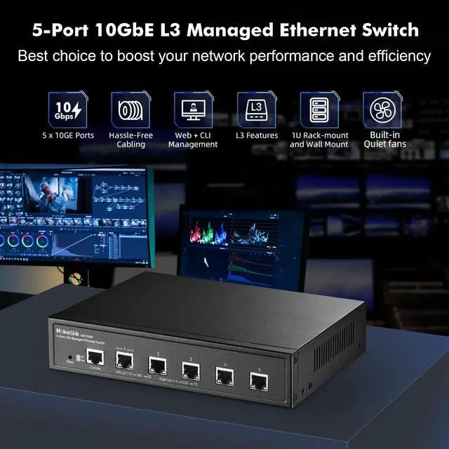 Alt view image 2 of 7 - 5 Port 10G Managed Ethernet Switch, 10G/5G/2.5G/1G Auto-Adaptive, L3 Web/CLI Managed, Metal Desktop|Rackmount Network Switch