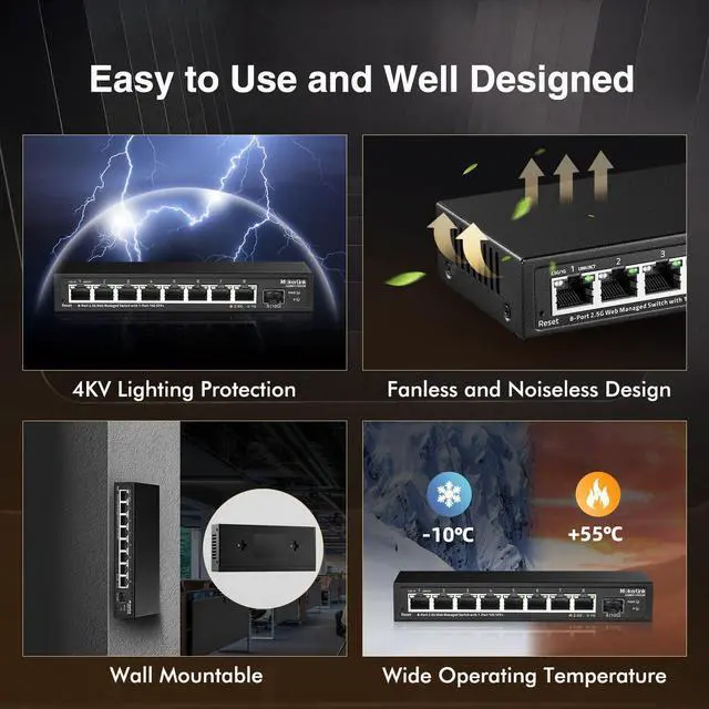 Alt view image 5 of 7 - 8 Port 2.5 Gigabit Managed Switch with 10G SFP+ Slot, 8 x 2.5G Base-T Ports Compatible with 10/100/1000Mbps, Mini Size Metal Managed Fanless Network Switch
