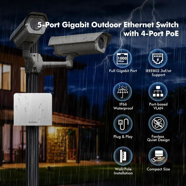 Alt view image 2 of 7 - 5 Port Outdoor Gigabit POE Switch, with 4 POE+ Ports 1000Mbps, 78W IEEE802.3af/at, Weatherproof Unmanaged Plug and Play Fanless Switch