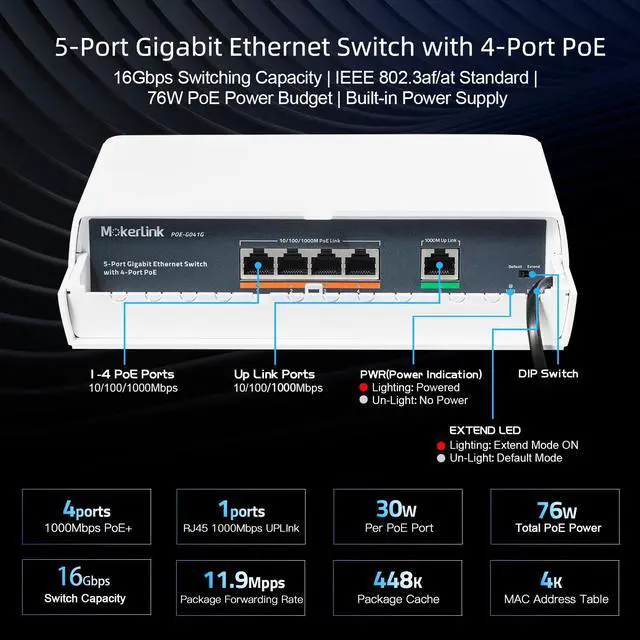 Alt view image 6 of 7 - 5 Port Outdoor Gigabit POE Switch, with 4 POE+ Ports 1000Mbps, 78W IEEE802.3af/at, Weatherproof Unmanaged Plug and Play Fanless Switch