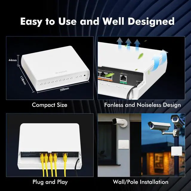 Alt view image 5 of 7 - 5 Port Outdoor Gigabit POE Switch, with 4 POE+ Ports 1000Mbps, 78W IEEE802.3af/at, Weatherproof Unmanaged Plug and Play Fanless Switch