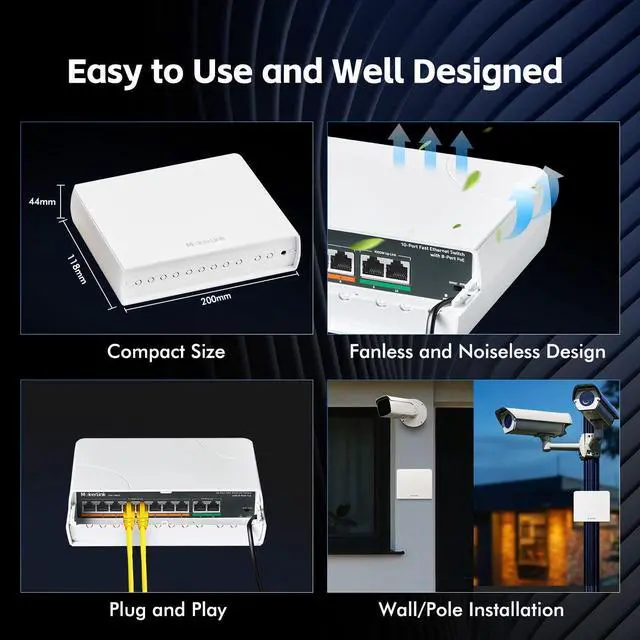 Alt view image 6 of 7 - 10 Port Outdoor PoE Switch, 8 PoE+ Ports 100M, 2 Gigabit Uplink 1000M, 802.3af/at 120W, Weatherproof Fanless Unmanaged Plug and Play