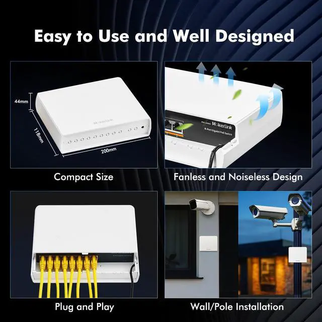 Alt view image 5 of 7 - 8 Port Outdoor Gigabit PoE Switch, 8 PoE+ Ports 1000Mbps, 802.3af/at 120W, Weatherproof Fanless Unmanaged Plug and Play