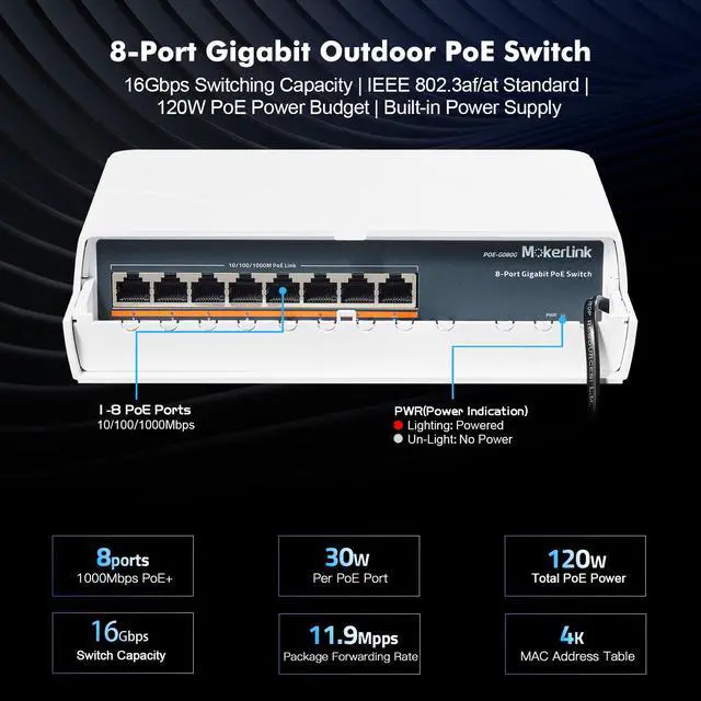 Alt view image 6 of 7 - 8 Port Outdoor Gigabit PoE Switch, 8 PoE+ Ports 1000Mbps, 802.3af/at 120W, Weatherproof Fanless Unmanaged Plug and Play