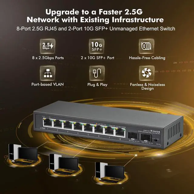 Alt view image 2 of 7 - 8 Port 2.5Gigabit Ethernet Switch with 2x10G SFP Slot, 8 x 2.5G Base-T Ports, VLAN Isolation, Metal Unmanaged Fanless Small Network Switch