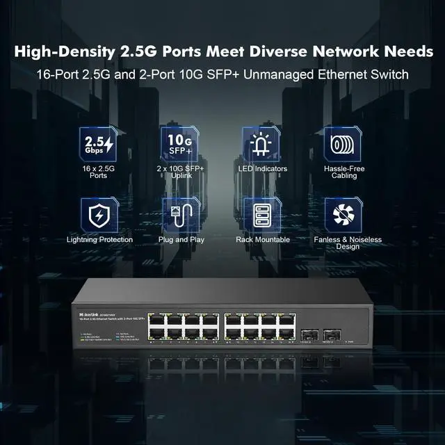 Alt view image 2 of 7 - 16 Port 2.5 Gigabit Ethernet Switch with 2x10G SFP+, 16 x 2.5G RJ45 Ports Compatible with 10/100/1000Mbps, Metal Unmanaged Fanless Rackmout Network Switch