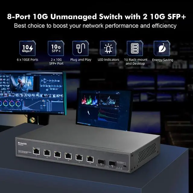 Alt view image 2 of 7 - 8 Port 10Gbps Ethernet Switch with 2x10G SFP+ Slot, 6 Port 10G RJ45 Support 10G/5G/2.5G/1000M/100M Auto-Negotiation, 160Gbps Bandwidth Unmanaged Plug and Play Desktop|RackMount Switch