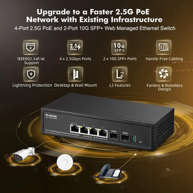 Alt view image 2 of 7 - 4 Port 2.5G POE Managed Switch with 2 Port 10G SFP+ Slot, IEEE8023af/at PoE 78W, Mini Size Metal Fanless, Easy Web Managed Network Switch