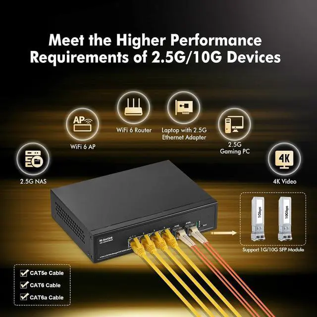 Alt view image 7 of 7 - 4 Port 2.5G POE Managed Switch with 2 Port 10G SFP+ Slot, IEEE8023af/at PoE 78W, Mini Size Metal Fanless, Easy Web Managed Network Switch