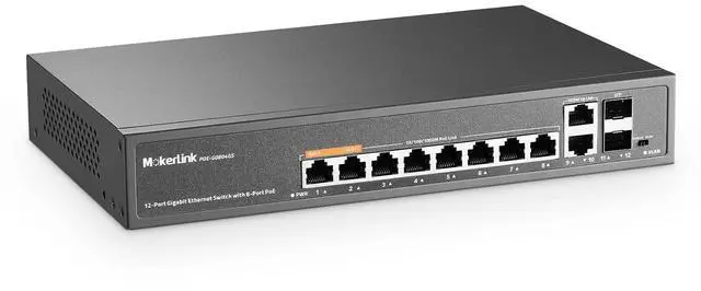 Main image of 12 Port Gigabit PoE Switch with 8 PoE+ Port, 2 Gigabit Uplink, 2 SFP Port, 120W AI Detection, Qos & Extend, Fanless Metal Plug & Play Unmanaged Network Switch