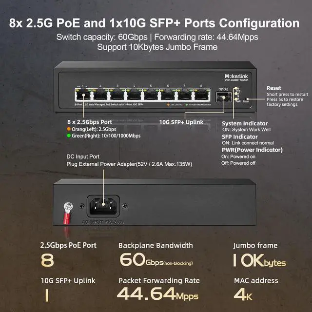 Alt view image 5 of 7 - 8 Port 2.5G POE Managed Switch with 10G SFP+ Slot, IEEE8023af/at PoE 135W, Mini Size Metal Fanless, Easy Web Managed Network Switch