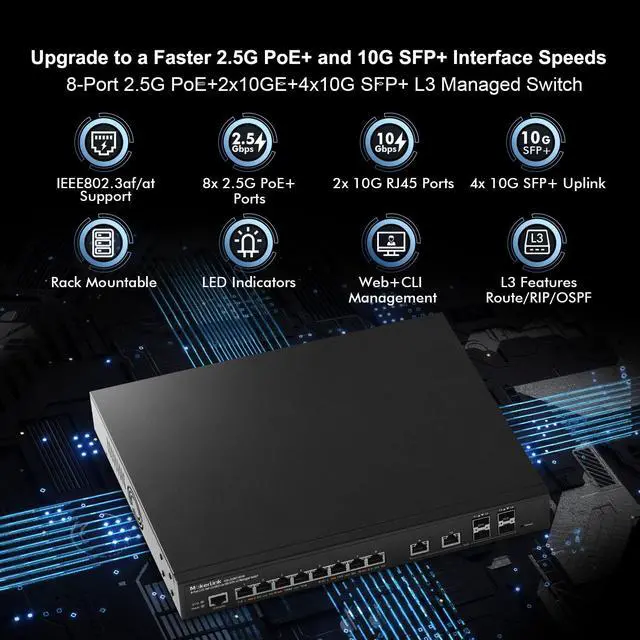 Alt view image 2 of 7 - 8 Port 2.5 Gigabit PoE Managed Switch, 8x2.5G POE, 2x10G Ethernet, 4x10G SFP+, IEEE8023af/at PoE 120W, Web/CLI L3 Managed, Desktop|Rackmount Network Switch