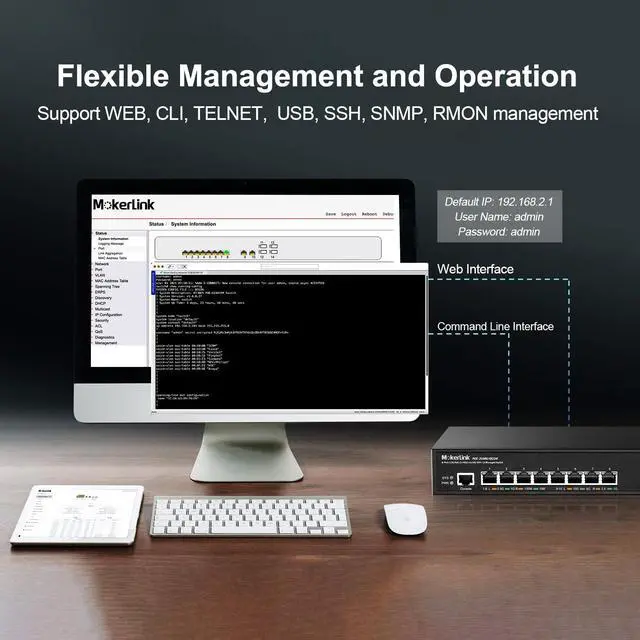 Alt view image 6 of 7 - 8 Port 2.5 Gigabit PoE Managed Switch, 8x2.5G POE, 2x10G Ethernet, 4x10G SFP+, IEEE8023af/at PoE 120W, Web/CLI L3 Managed, Desktop|Rackmount Network Switch