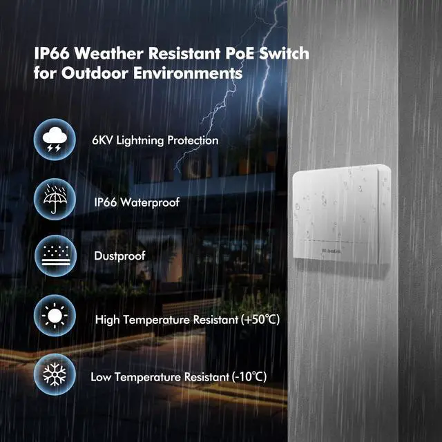 Alt view image 4 of 7 - 10 Port Outdoor PoE Switch, 8 PoE+ Ports, 2 Uplink, 10/100Mbps, 802.3af/at 120W, Weatherproof Fanless Unmanaged Plug and Play