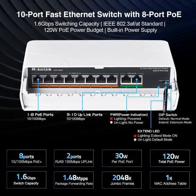 Alt view image 5 of 7 - 10 Port Outdoor PoE Switch, 8 PoE+ Ports, 2 Uplink, 10/100Mbps, 802.3af/at 120W, Weatherproof Fanless Unmanaged Plug and Play