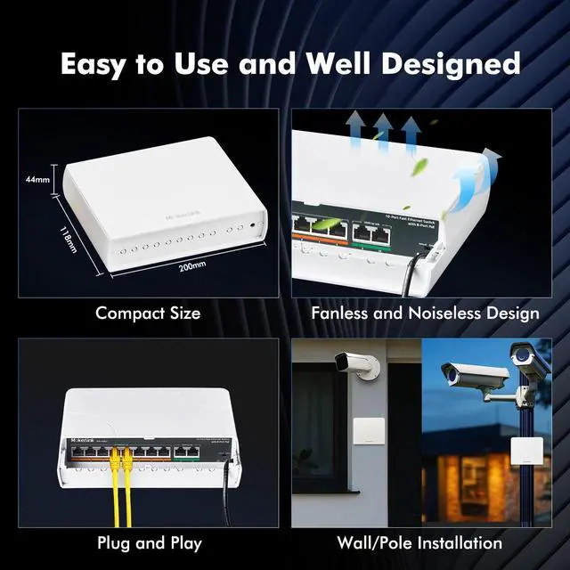 Alt view image 6 of 7 - 10 Port Outdoor PoE Switch, 8 PoE+ Ports, 2 Uplink, 10/100Mbps, 802.3af/at 120W, Weatherproof Fanless Unmanaged Plug and Play