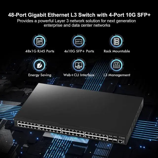 Alt view image 2 of 7 - 48 Port Gigabit Managed Switch, 4x10G SFP+, 1 Console, 1 USB, L3 Smart Managed, Rackmount, DHCP QoS Vlan IGMP, Static Routing