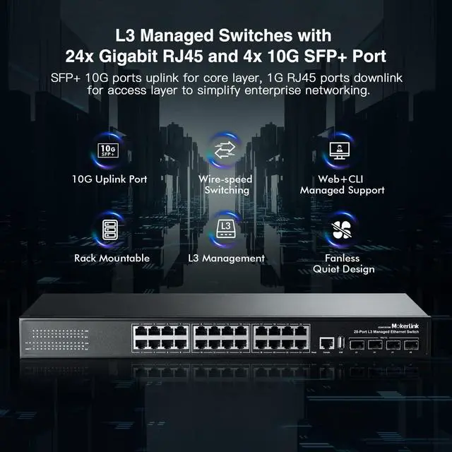 Alt view image 2 of 7 - 28 Port Gigabit Managed Switch, 24 Port GE, 4 x 10G SFP+ Uplink, 1 Console Port, 1 USB Port, L3 Smart Managed, Rackmount Fanless, DHCP QoS Vlan IGMP and Static Routing