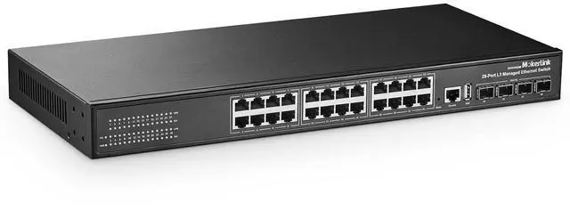 Main image of 28 Port Gigabit Managed Switch, 24 Port GE, 4 x 10G SFP+ Uplink, 1 Console Port, 1 USB Port, L3 Smart Managed, Rackmount Fanless, DHCP QoS Vlan IGMP and Static Routing