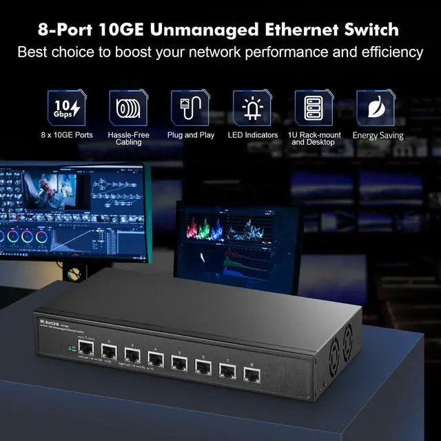Alt view image 2 of 7 - 8 Port 10G Unmanaged Ethernet Switch, 10G/5G/2.5G/1G Auto-Adaptive, Plug and Play, Metal Desktop|Rackmount Network Switch