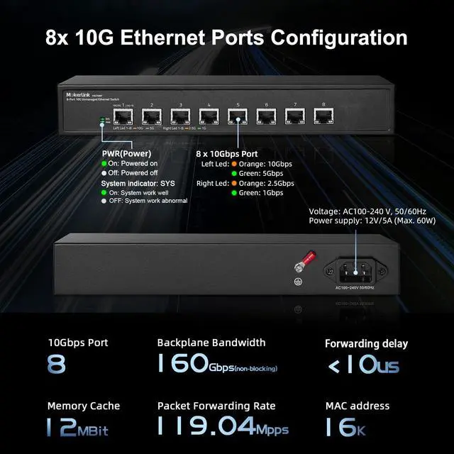 Alt view image 4 of 7 - 8 Port 10G Unmanaged Ethernet Switch, 10G/5G/2.5G/1G Auto-Adaptive, Plug and Play, Metal Desktop|Rackmount Network Switch